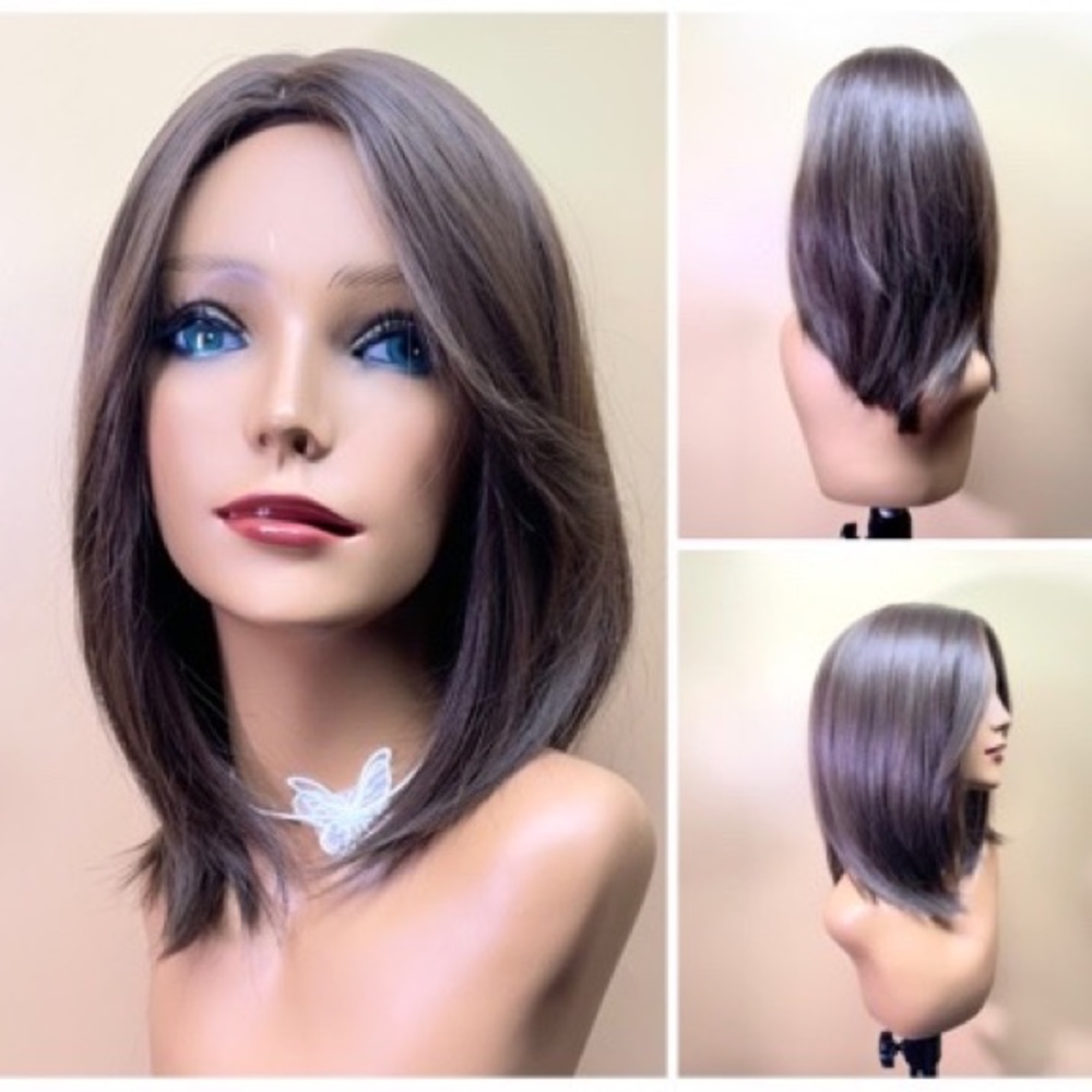 15” Trimmed side bangs Cool Brown middle part  should length synthetic wig